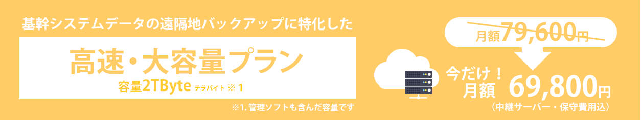 基幹システムデータの遠隔地バックアップに特化した高速・大容量プラン！容量2TByte 今だけ月額　69,800円（中継サーバー・保守費用込）